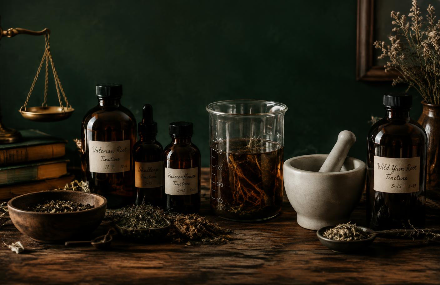 Apothecary bench with amber tincture bottles and macerating roots